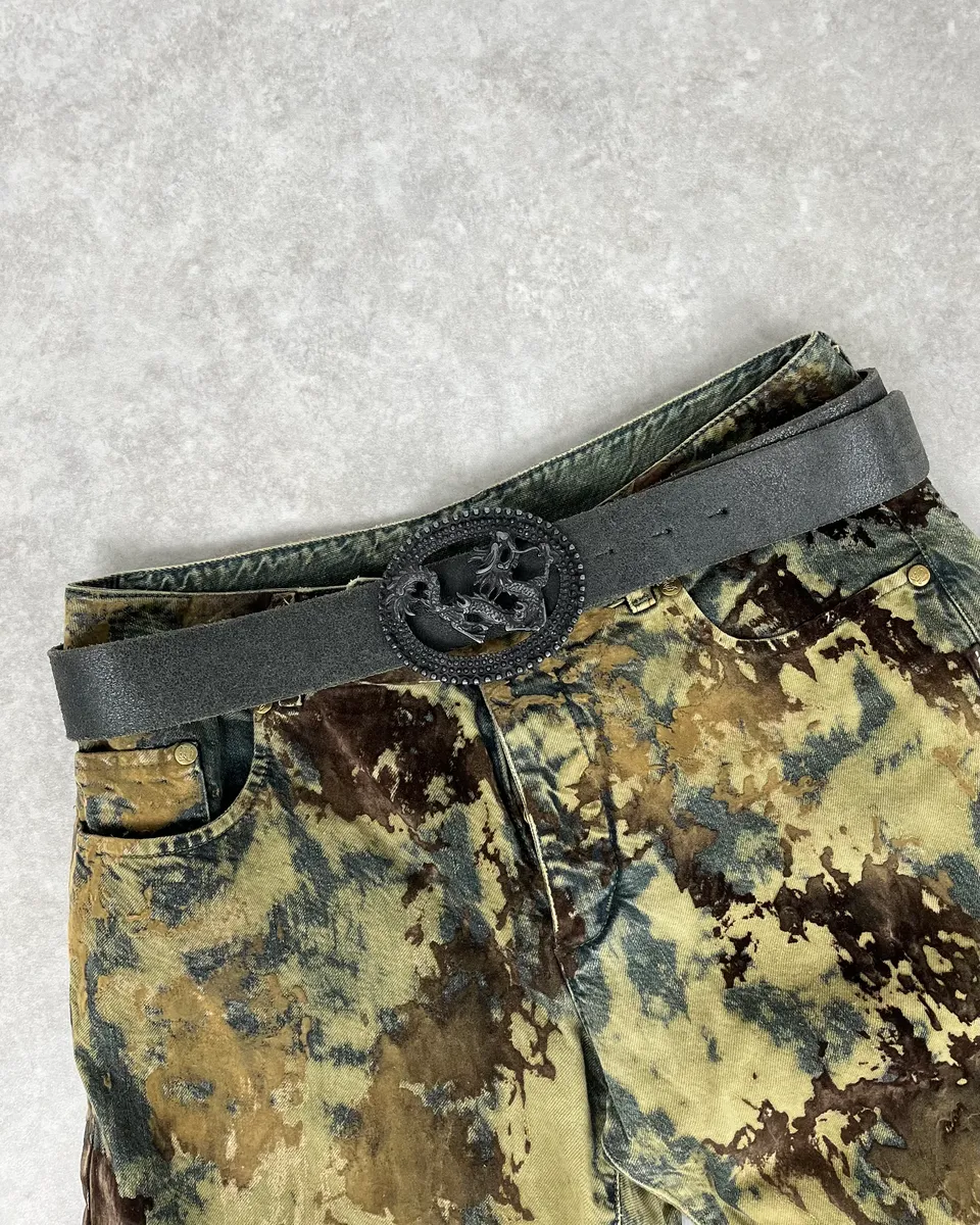 2000s Cavalli Asian Dragon Buckle Eroded Black Leather Belt