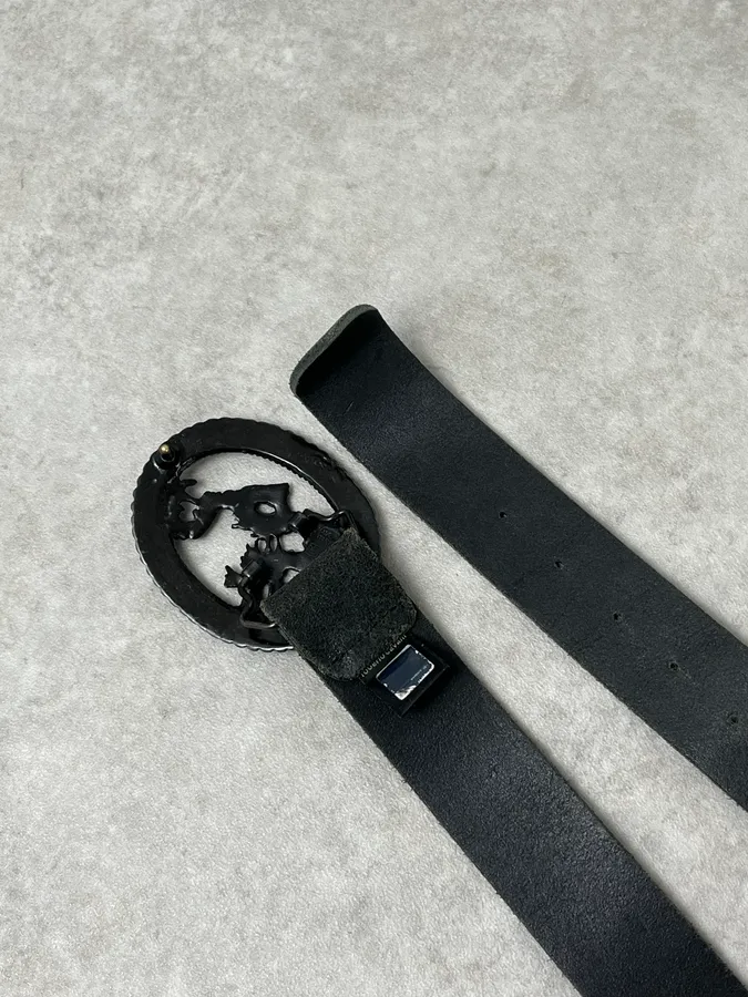 2000s Cavalli Asian Dragon Buckle Eroded Black Leather Belt - Image 4