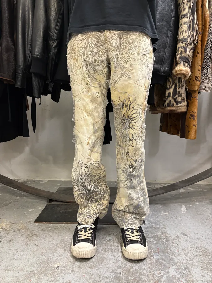 2000s Cavalli Beige Destructured Flowers Pants - Image 2