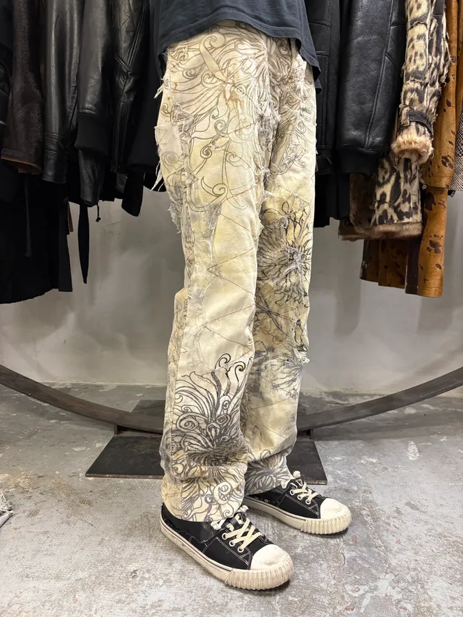 2000s Cavalli Beige Destructured Flowers Pants - Image 3