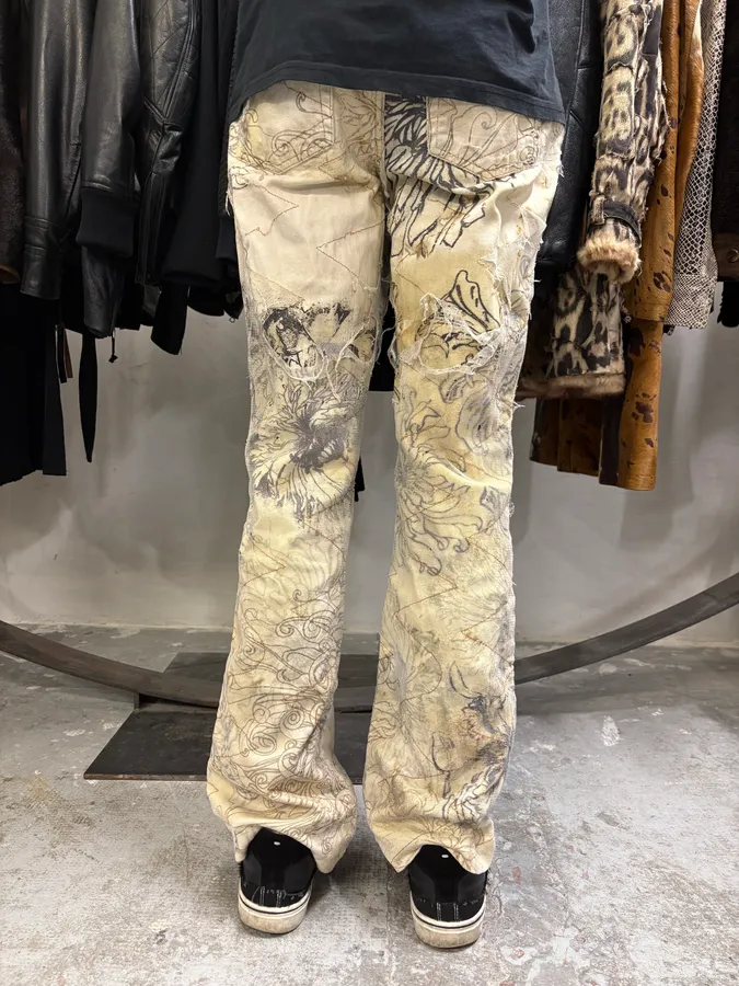 2000s Cavalli Beige Destructured Flowers Pants - Image 4