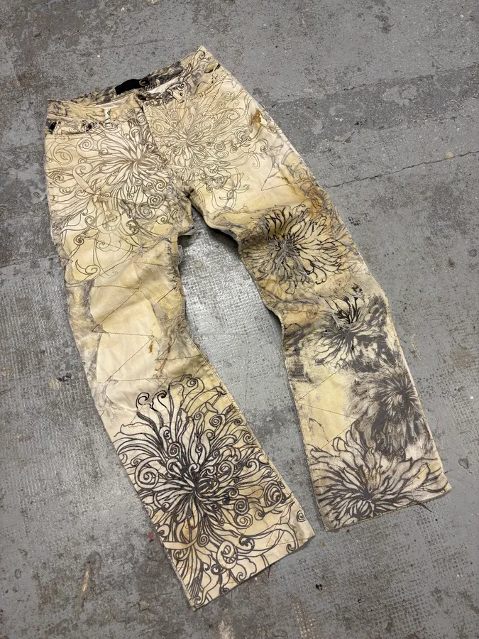 2000s Cavalli Beige Destructured Flowers Pants - Image 5