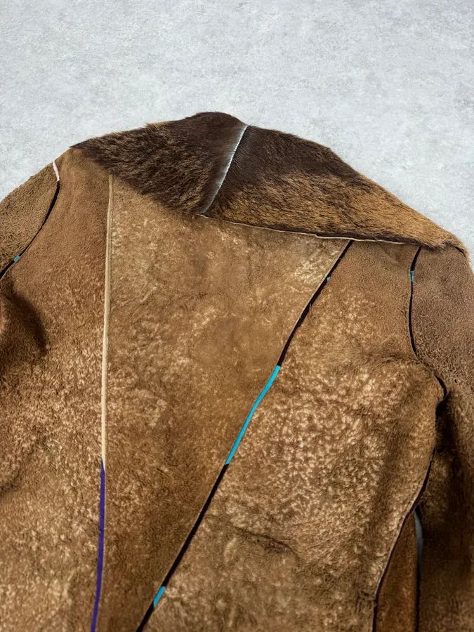 2000s Cavalli Beige Fur Collar Leather Eroded Long Jacket - Image 6