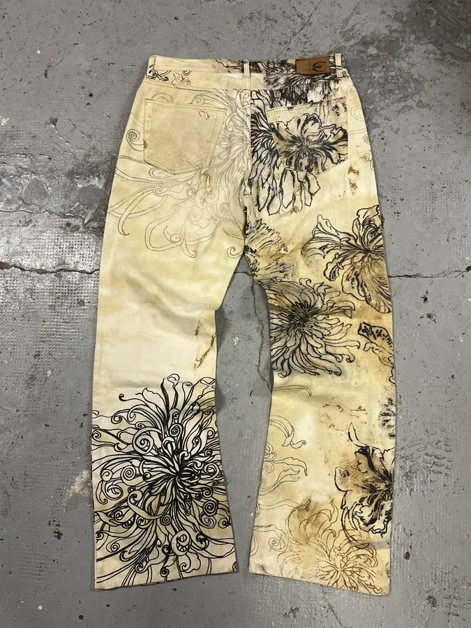 2000s Cavalli Beige Ink Flowers Pants - Image 8