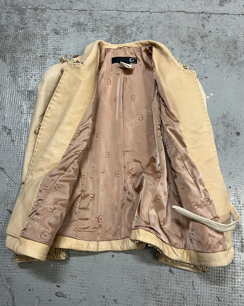 2000s Cavalli Beige Leather Embroidered Jacket - Image 8