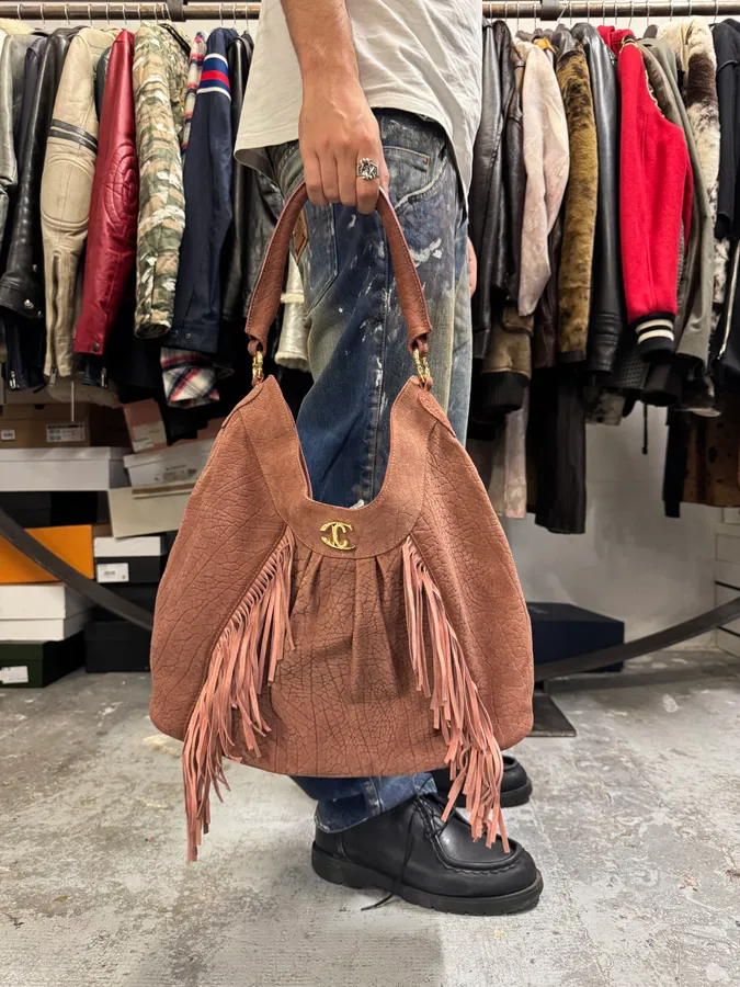 2000s Cavalli Beige Leather Fringe Handle Bag - Image 2