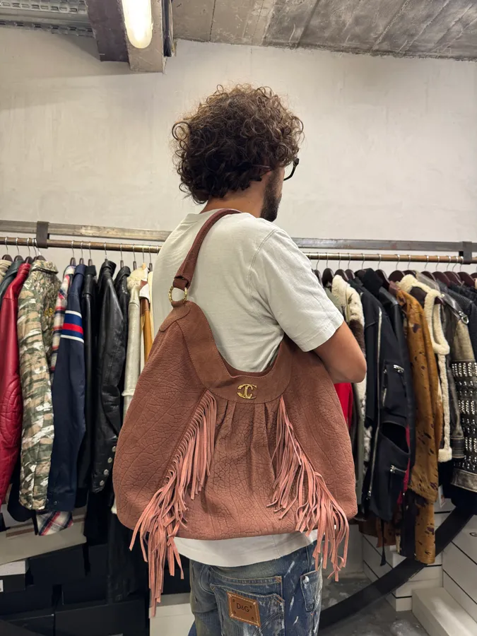 2000s Cavalli Beige Leather Fringe Handle Bag - Image 3