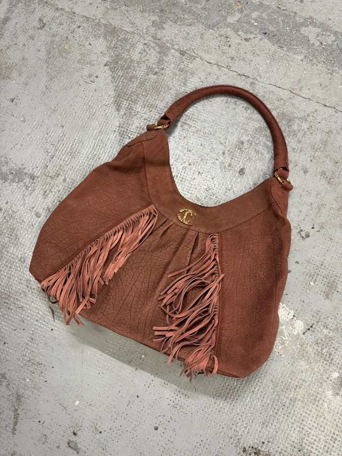 2000s Cavalli Beige Leather Fringe Handle Bag - Image 4