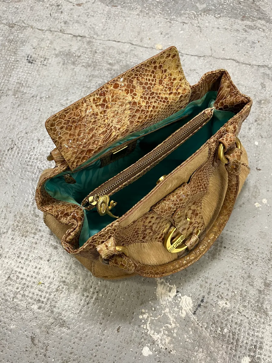 2000s Cavalli Beige Pony Hair Leather Handle Bag - Image 7