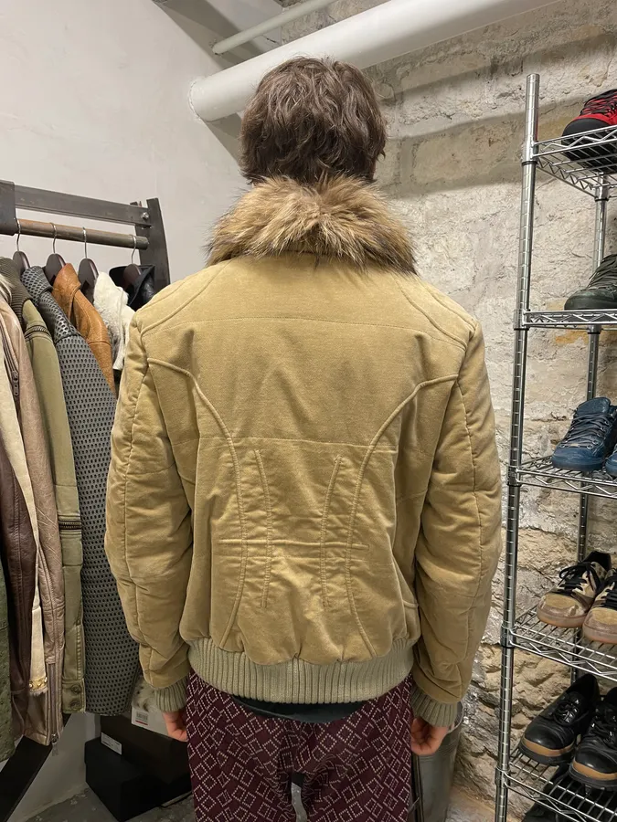 2000s Cavalli Beige Tribal Fur Collar Velvet Jacket - Image 3