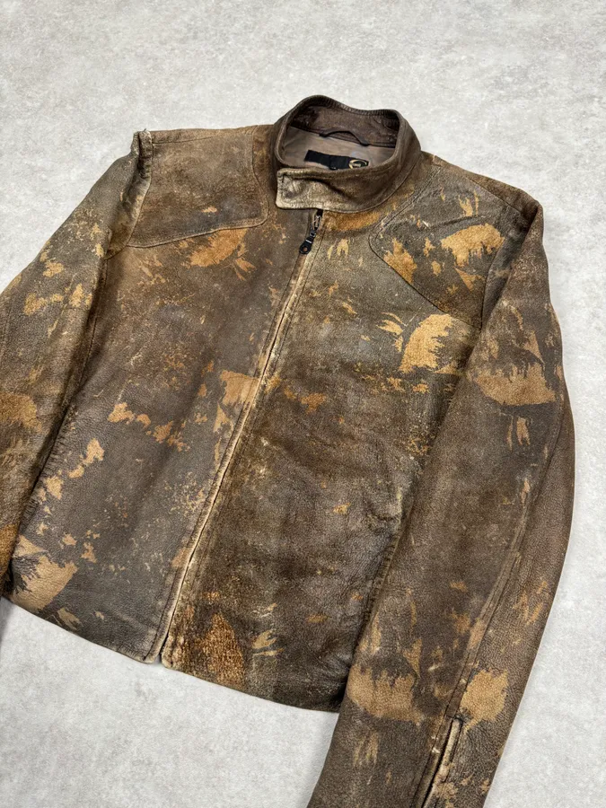 2000s Cavalli Biker Grey Brown Eroded Leather Jacket - Image 3