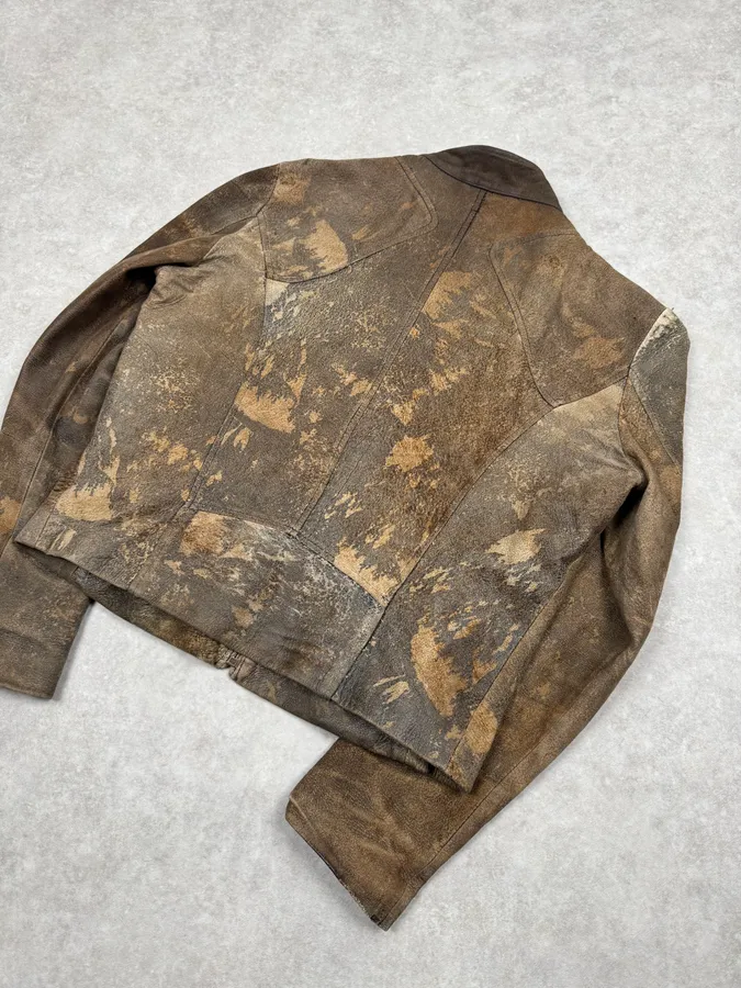 2000s Cavalli Biker Grey Brown Eroded Leather Jacket - Image 8