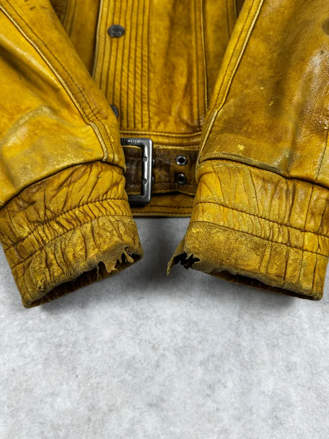 2000s Cavalli Biker Raw Brut Brown Yellow Leather Jacket - Image 10