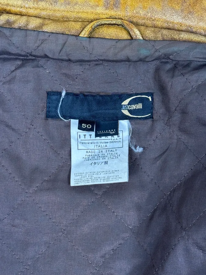 2000s Cavalli Biker Raw Brut Brown Yellow Leather Jacket - Image 11
