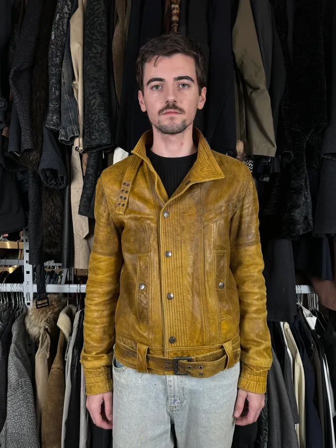2000s Cavalli Biker Raw Brut Brown Yellow Leather Jacket - Image 2