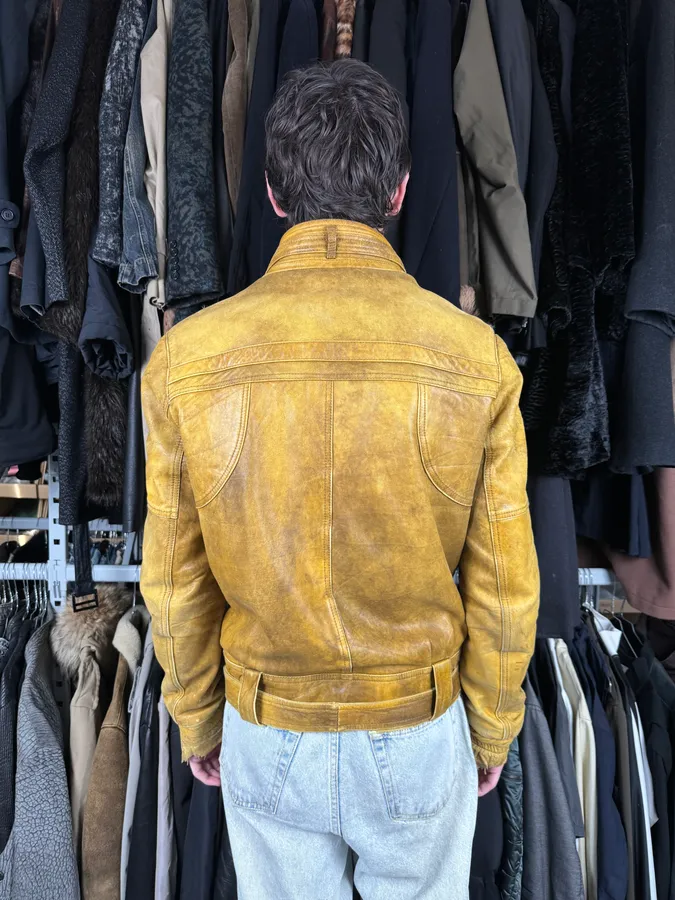 2000s Cavalli Biker Raw Brut Brown Yellow Leather Jacket - Image 3