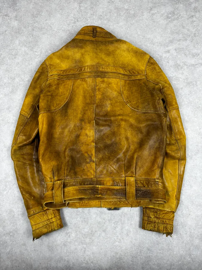 2000s Cavalli Biker Raw Brut Brown Yellow Leather Jacket - Image 4