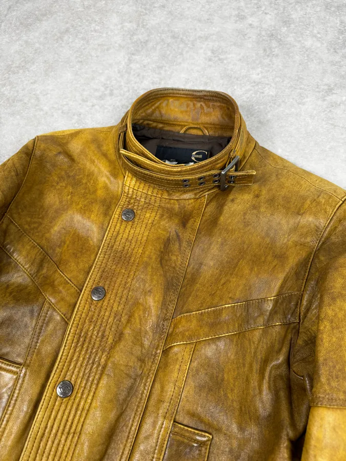2000s Cavalli Biker Raw Brut Brown Yellow Leather Jacket - Image 5