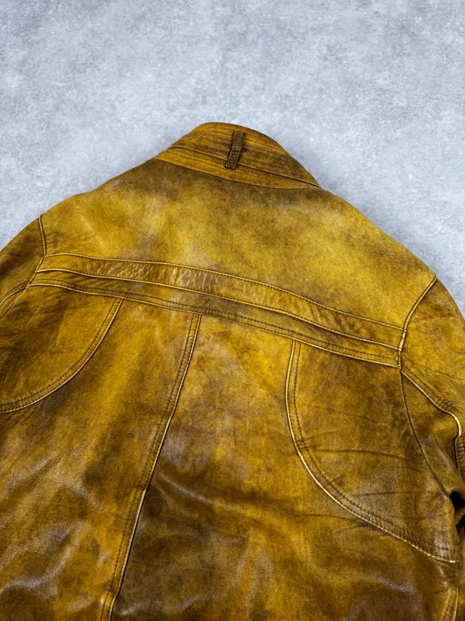2000s Cavalli Biker Raw Brut Brown Yellow Leather Jacket - Image 6