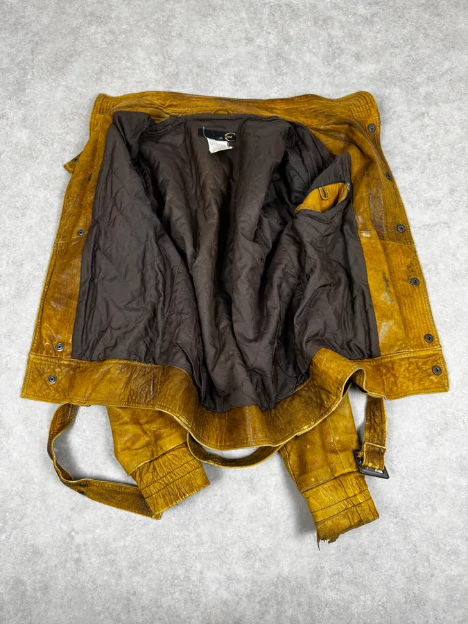 2000s Cavalli Biker Raw Brut Brown Yellow Leather Jacket - Image 7