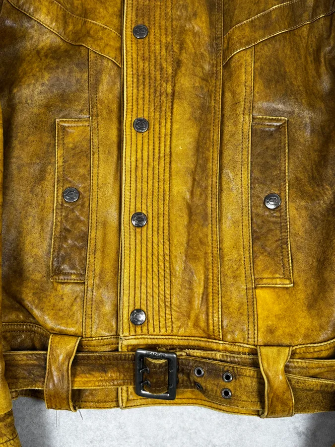 2000s Cavalli Biker Raw Brut Brown Yellow Leather Jacket - Image 8