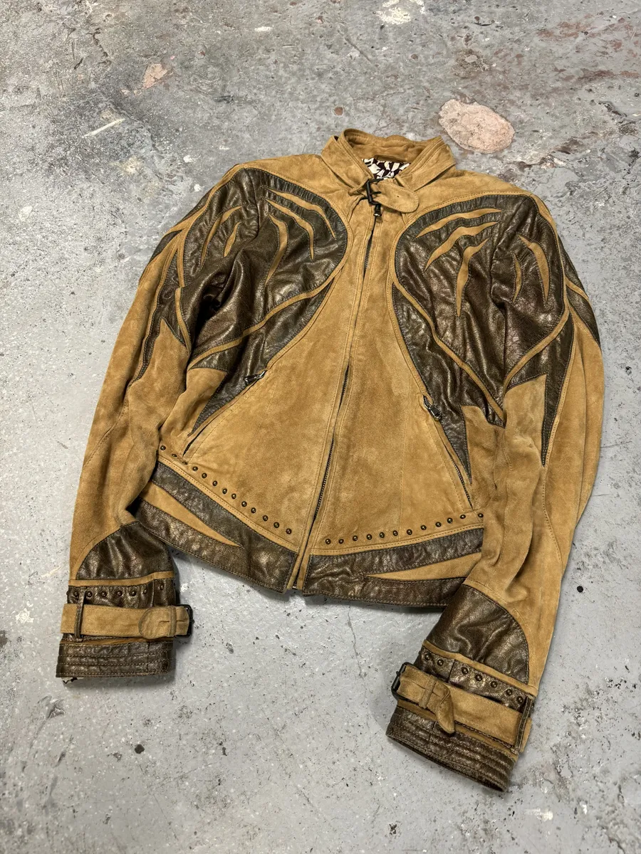 2000s Cavalli Biker Suede Camel Brown Leather Embroidered Jacket - Image 13