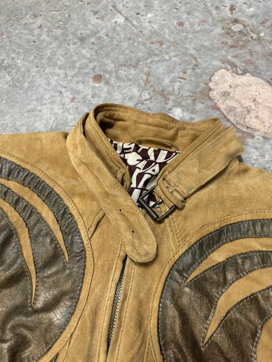 2000s Cavalli Biker Suede Camel Brown Leather Embroidered Jacket - Image 9