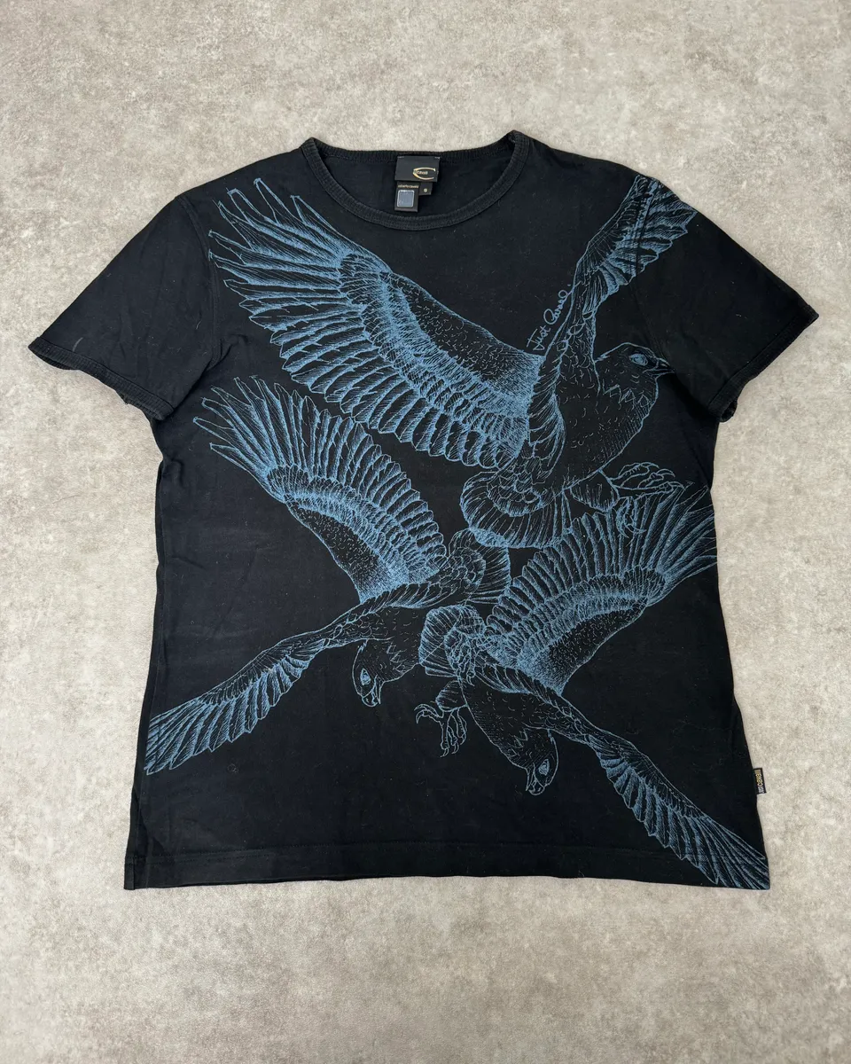 2000s Cavalli Black Blue Birds Print T-Shirt
