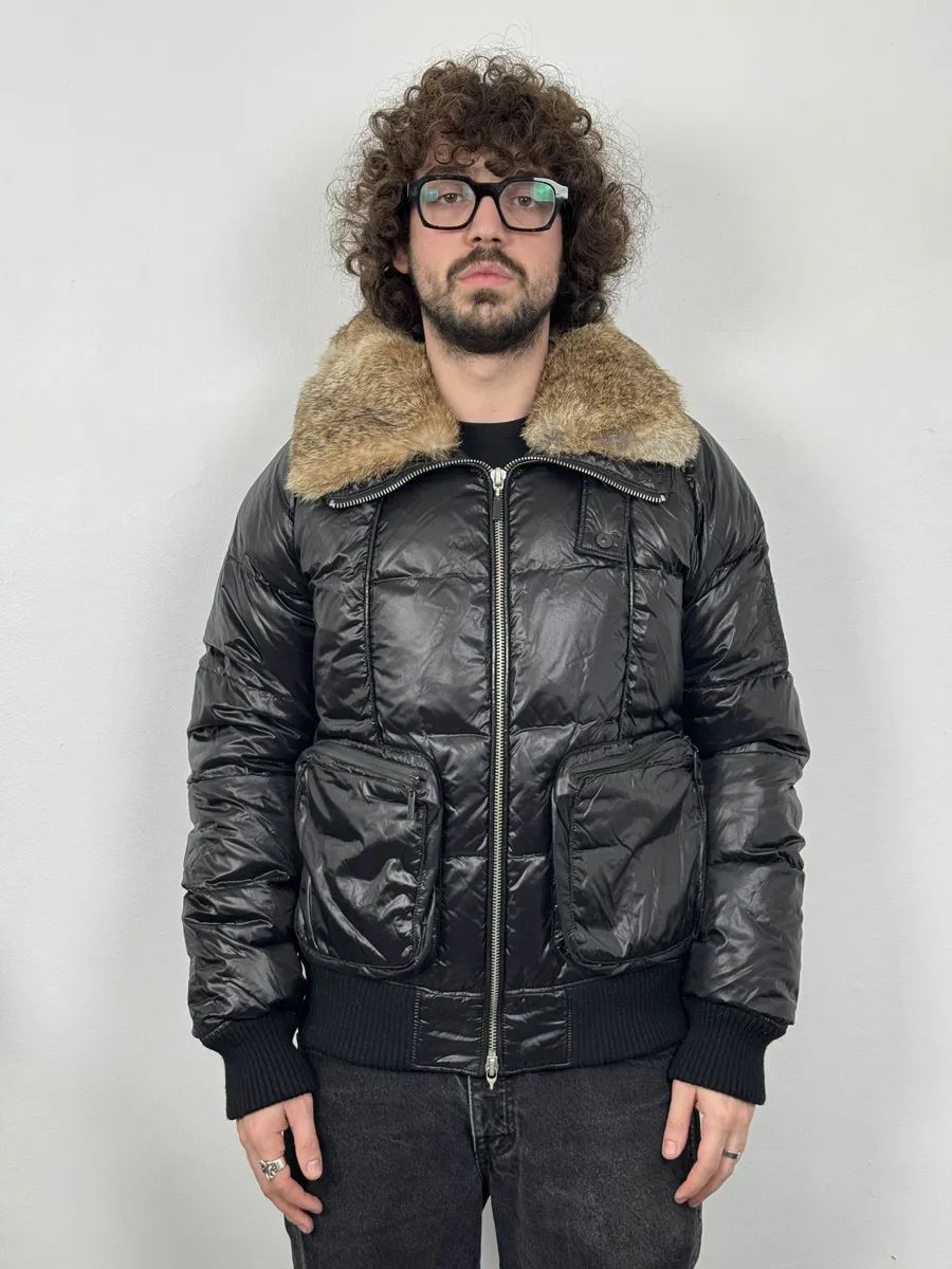 2000s Cavalli Black British Puffer Jacket with Fur Collar