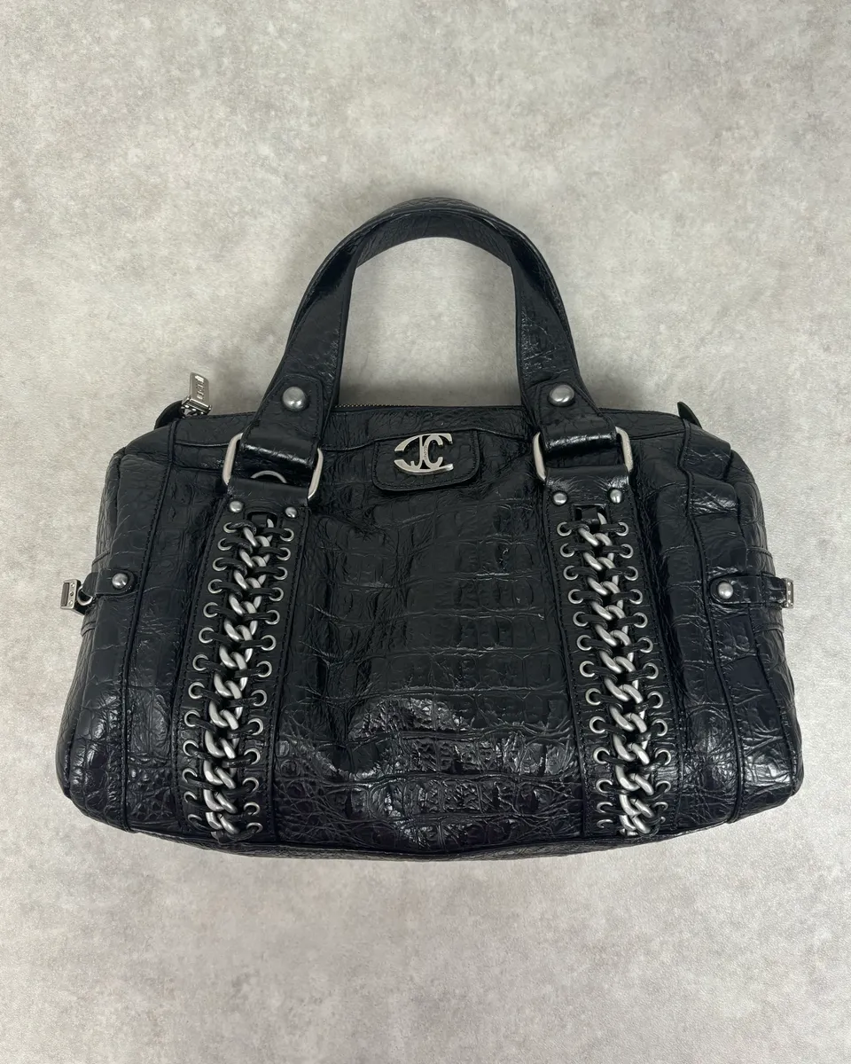 2000s Cavalli Black Crocodile Effect Leather Handle Bag