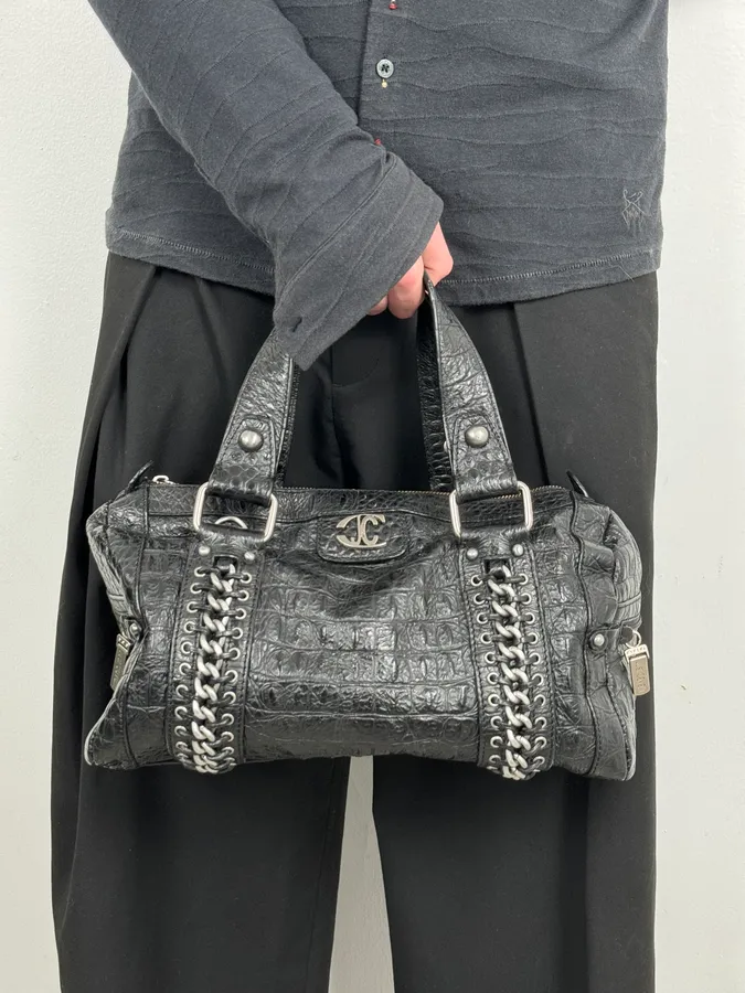 2000s Cavalli Black Crocodile Effect Leather Handle Bag - Image 2