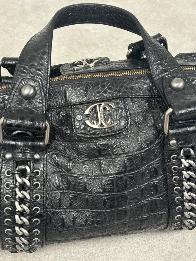2000s Cavalli Black Crocodile Effect Leather Handle Bag - Image 5