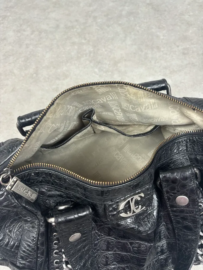2000s Cavalli Black Crocodile Effect Leather Handle Bag - Image 9