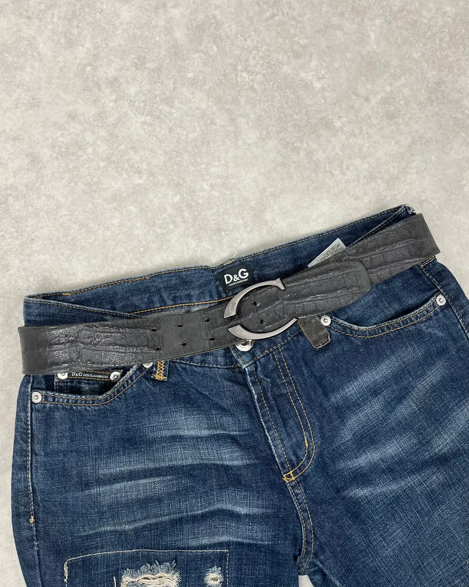 2000s Cavalli Black Crocodile Embossed Leather Belt