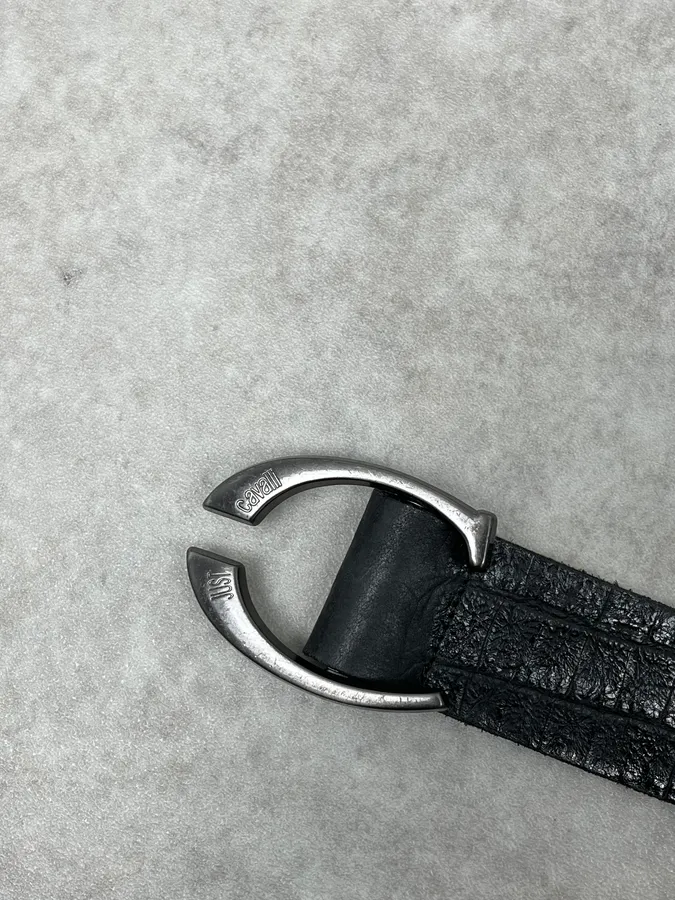 2000s Cavalli Black Crocodile Embossed Leather Belt - Image 5