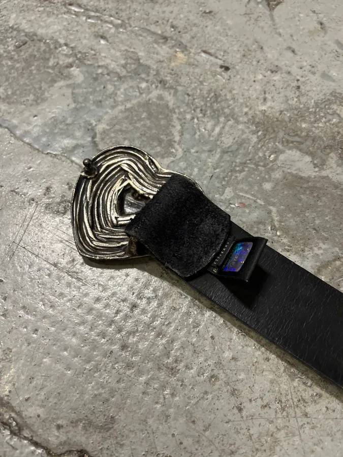 2000s Cavalli Black Eroded Leather Heart Buckle Belt - Image 8