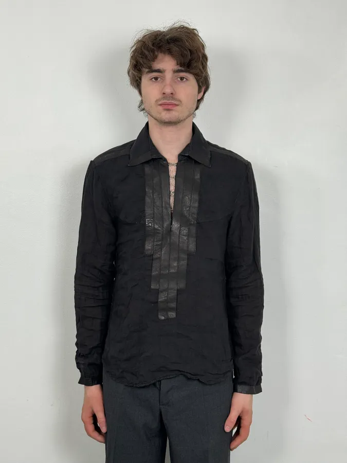2000s Cavalli Black Hybrid Linen & Leather Henley Shirt - Image 2