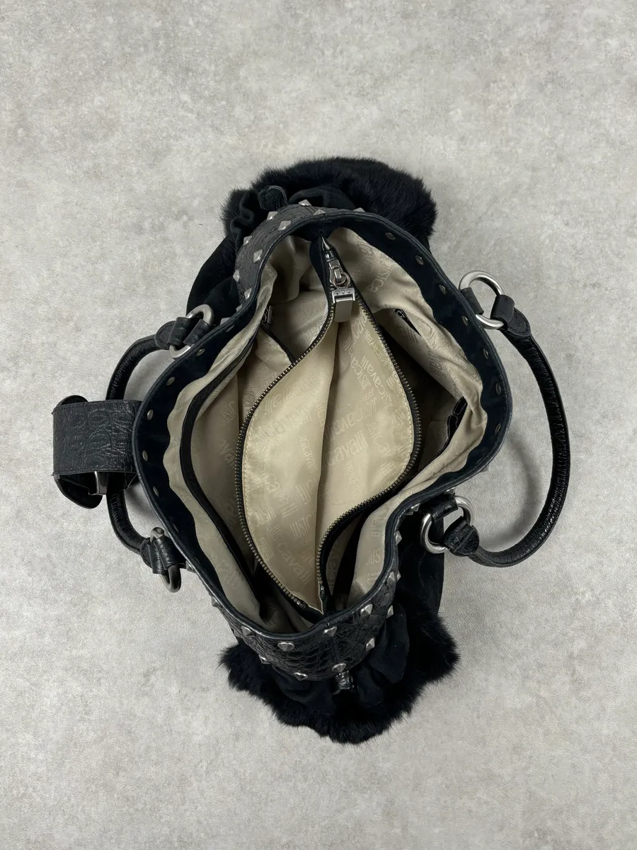 2000s Cavalli Black Leather Crocodile Embossed Fur Handle Bag - Image 13