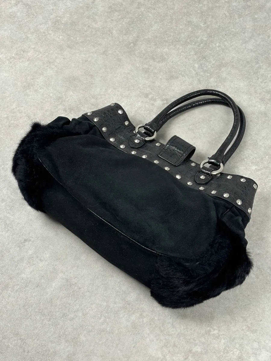 2000s Cavalli Black Leather Crocodile Embossed Fur Handle Bag - Image 9