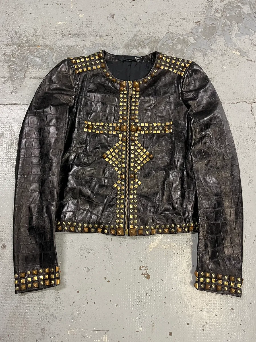 2000s Cavalli Black Leather Crocodile Embossed Studded Leather Jacket - Image 3