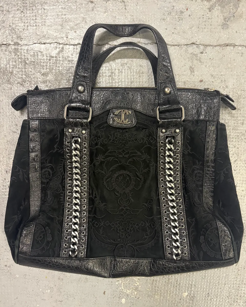 2000s Cavalli Black Leather Embroidered Chain Handle Bag