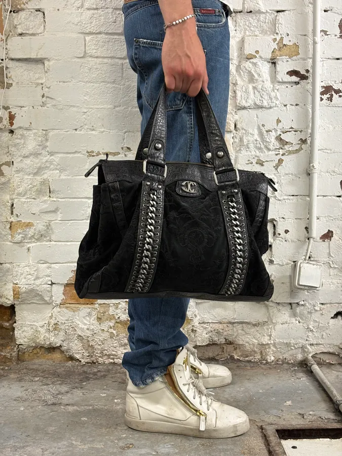 2000s Cavalli Black Leather Embroidered Chain Handle Bag - Image 2