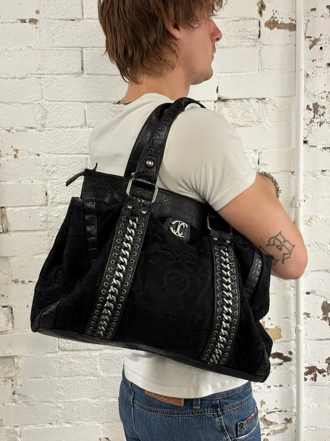 2000s Cavalli Black Leather Embroidered Chain Handle Bag - Image 3