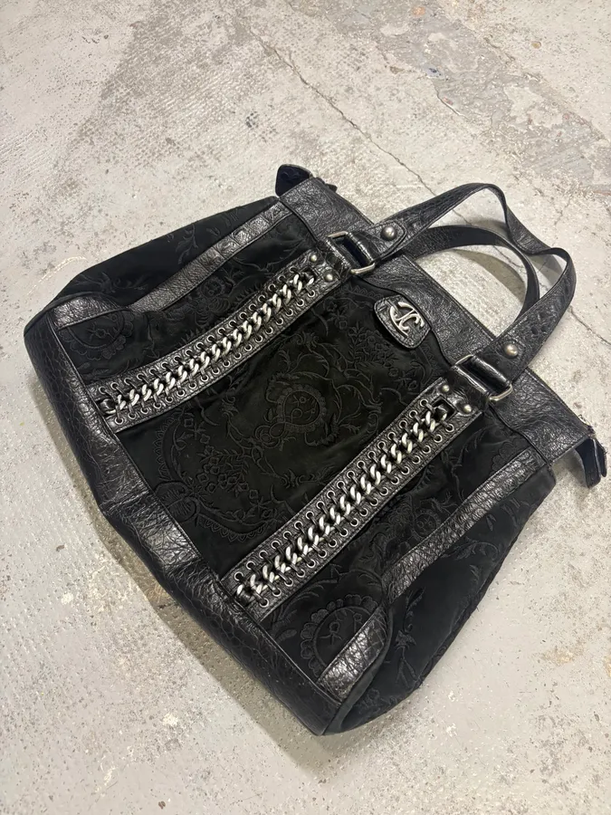 2000s Cavalli Black Leather Embroidered Chain Handle Bag - Image 4