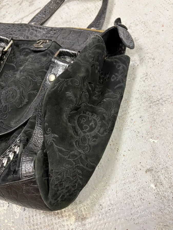 2000s Cavalli Black Leather Embroidered Chain Handle Bag - Image 5