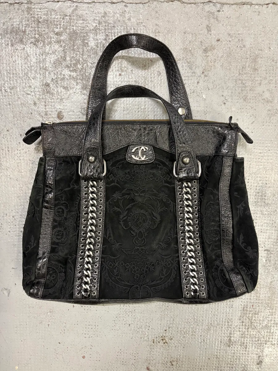 2000s Cavalli Black Leather Embroidered Chain Handle Bag - Image 6