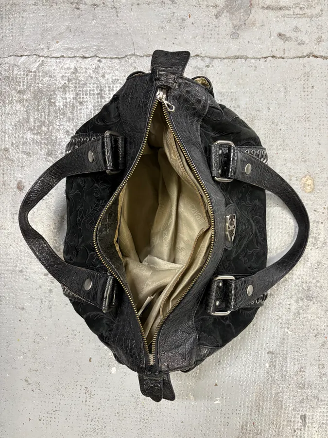 2000s Cavalli Black Leather Embroidered Chain Handle Bag - Image 7