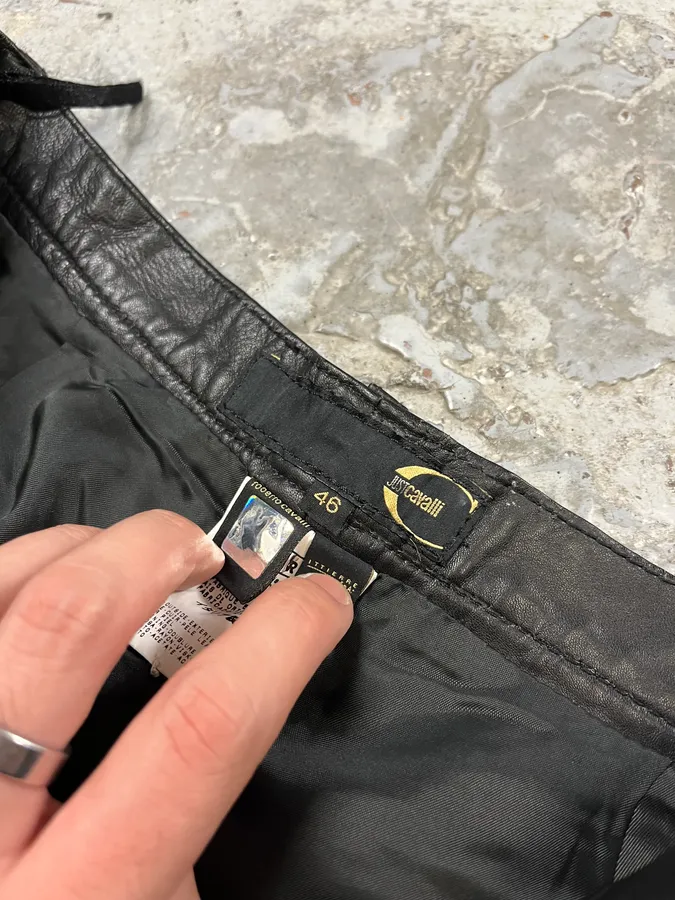 2000s Cavalli Black Minimalist Leather Pants - Image 11