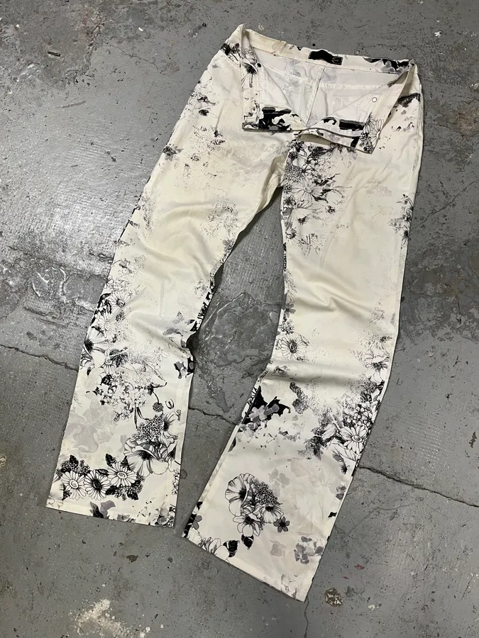 2000s Cavalli Black & White Floral Faded Paint Pants - Image 6