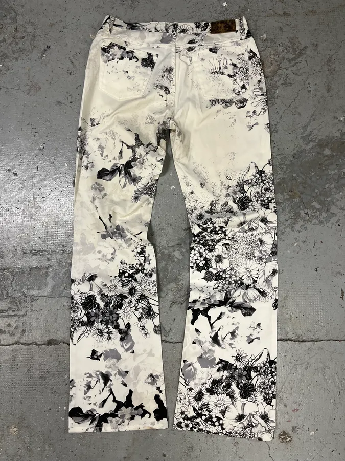 2000s Cavalli Black & White Floral Faded Paint Pants - Image 7